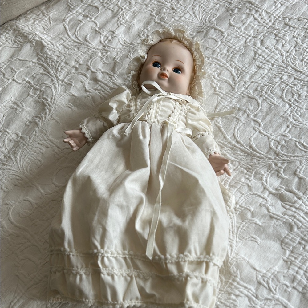 Vintage-Style Porcelain Christening Doll in Cream Gown